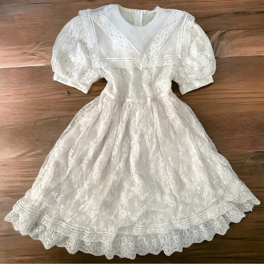 VINTAGE Gunne Sax Jessica McClintock Girls Lace Dress Size 7 Back Zip Lined